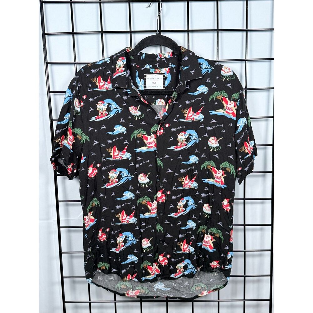 Denim‎ & Flower Ricky Singh Button Up SS Shirt Mens L Blue Surfing Santa Slim